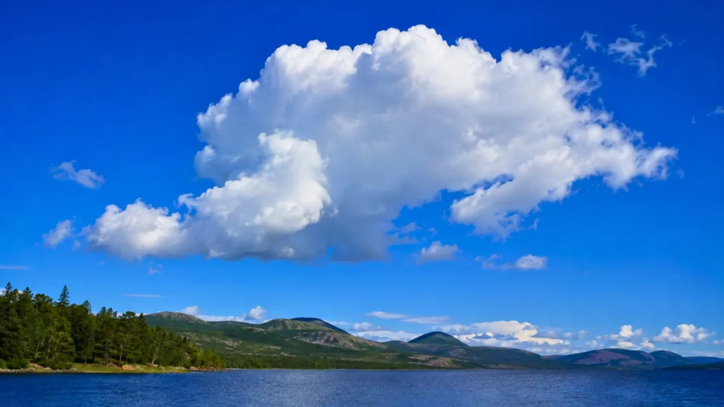 Grand cumulus blanc flottant dans un ciel bleu au-dessus d’un lac et de montagnes, illustrant le poids invisible des nuages.