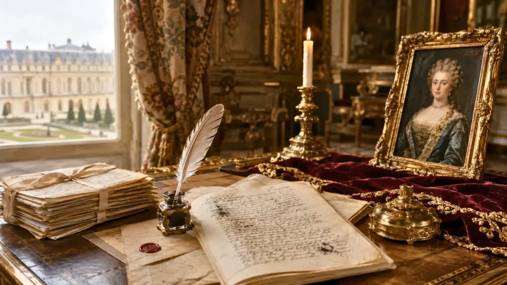 Bureau ancien avec plume et lettres dans un intérieur inspiré de Versailles.