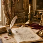 Bureau ancien avec plume et lettres dans un intérieur inspiré de Versailles.