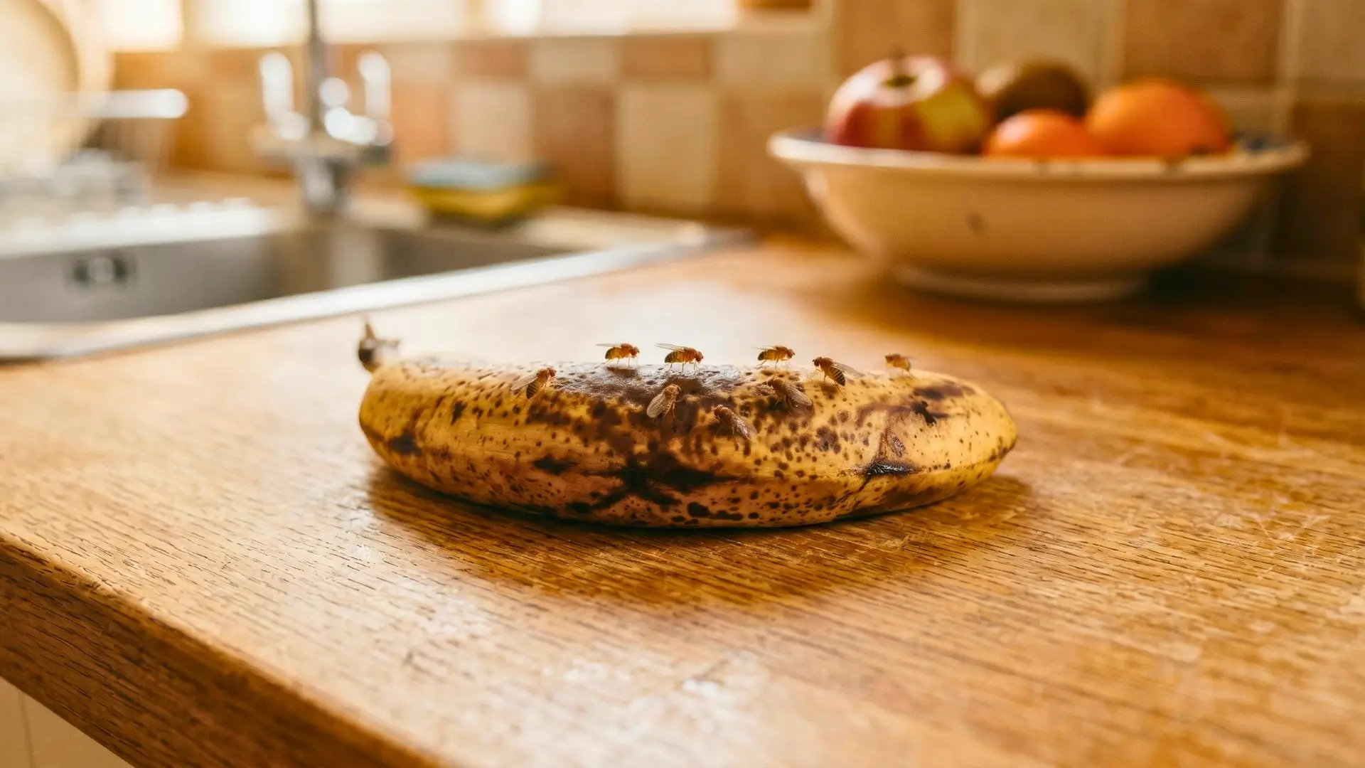 Quelques moucherons posés près d’un fruit mûr sur un plan de cuisine.