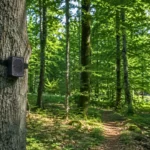 Enregistreur acoustique fixé sur un tronc d’arbre dans une forêt protégée, avec une route visible au loin à travers les arbres.