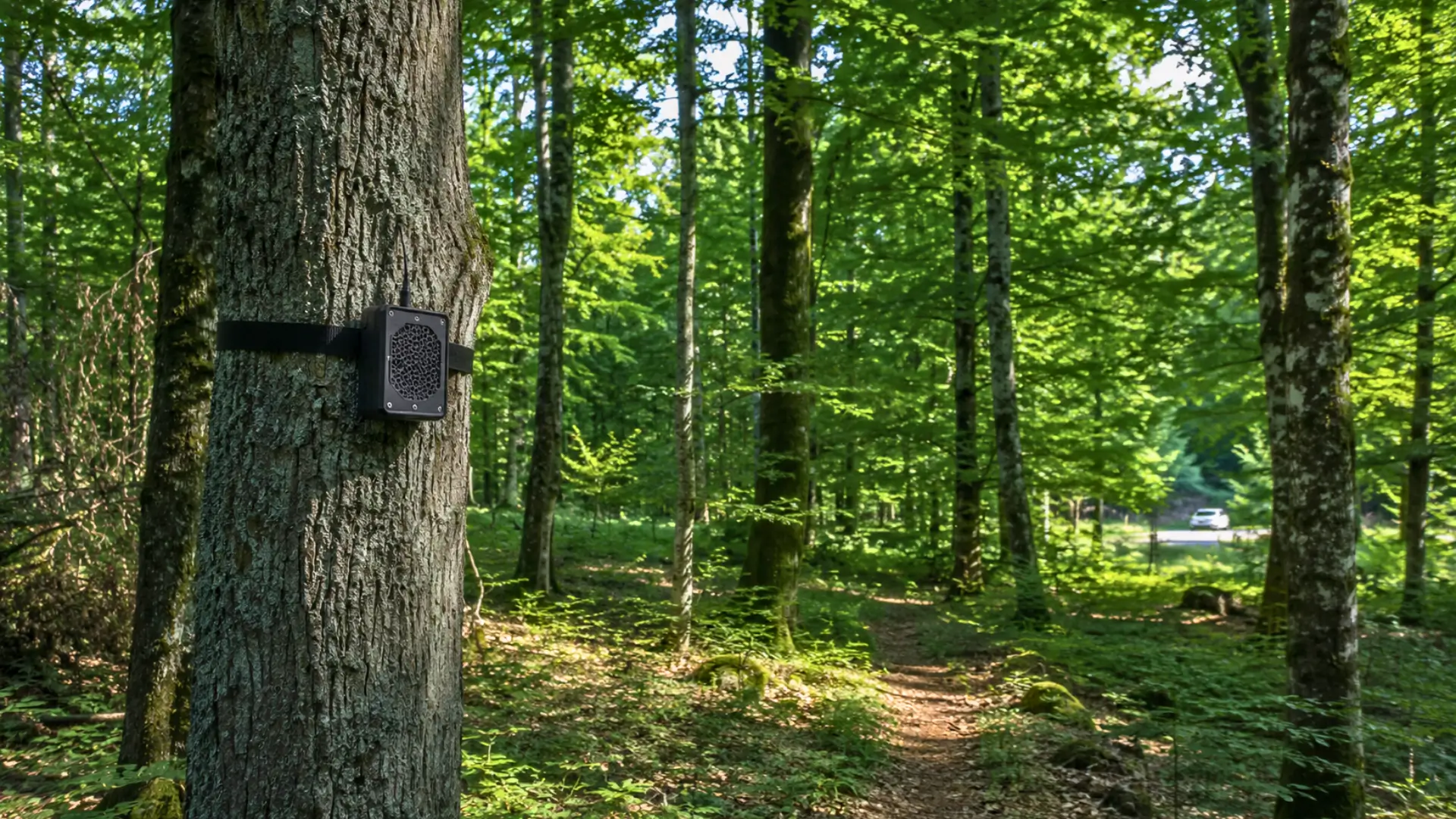 Enregistreur acoustique fixé sur un tronc d’arbre dans une forêt protégée, avec une route visible au loin à travers les arbres.