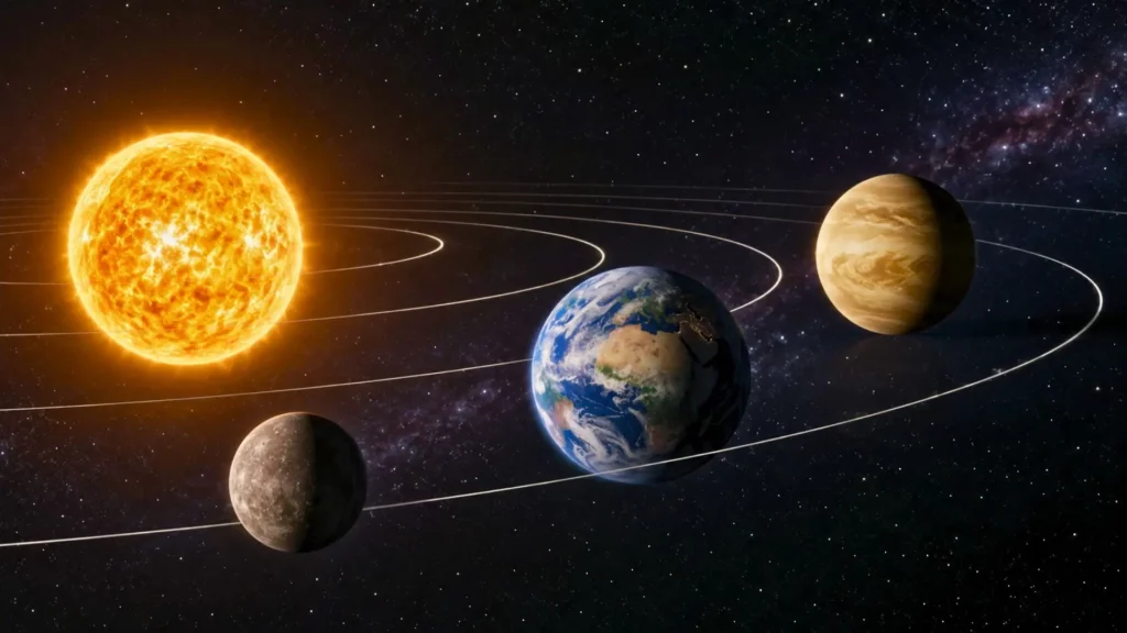 Mercure près du Soleil avec Terre et Vénus visibles comme points lointains.
