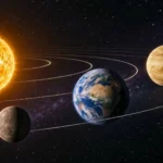 Mercure près du Soleil avec Terre et Vénus visibles comme points lointains.
