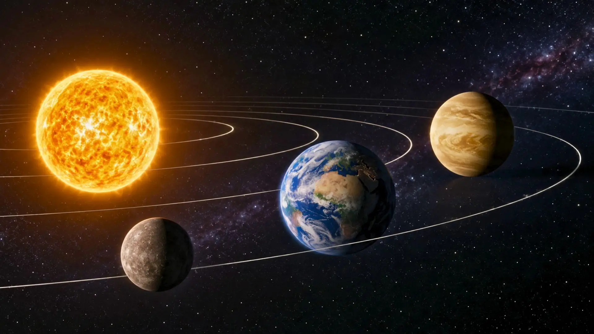 Mercure près du Soleil avec Terre et Vénus visibles comme points lointains.
