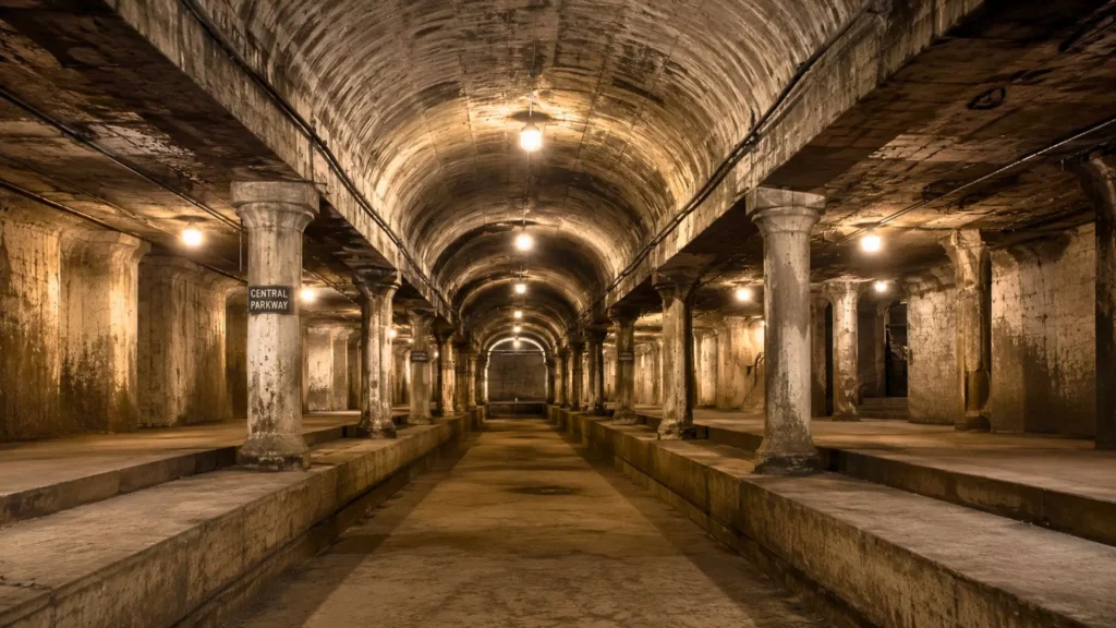 Ancienne station souterraine vide avec quais en béton et tunnel voûté éclairé.