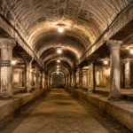 Ancienne station souterraine vide avec quais en béton et tunnel voûté éclairé.