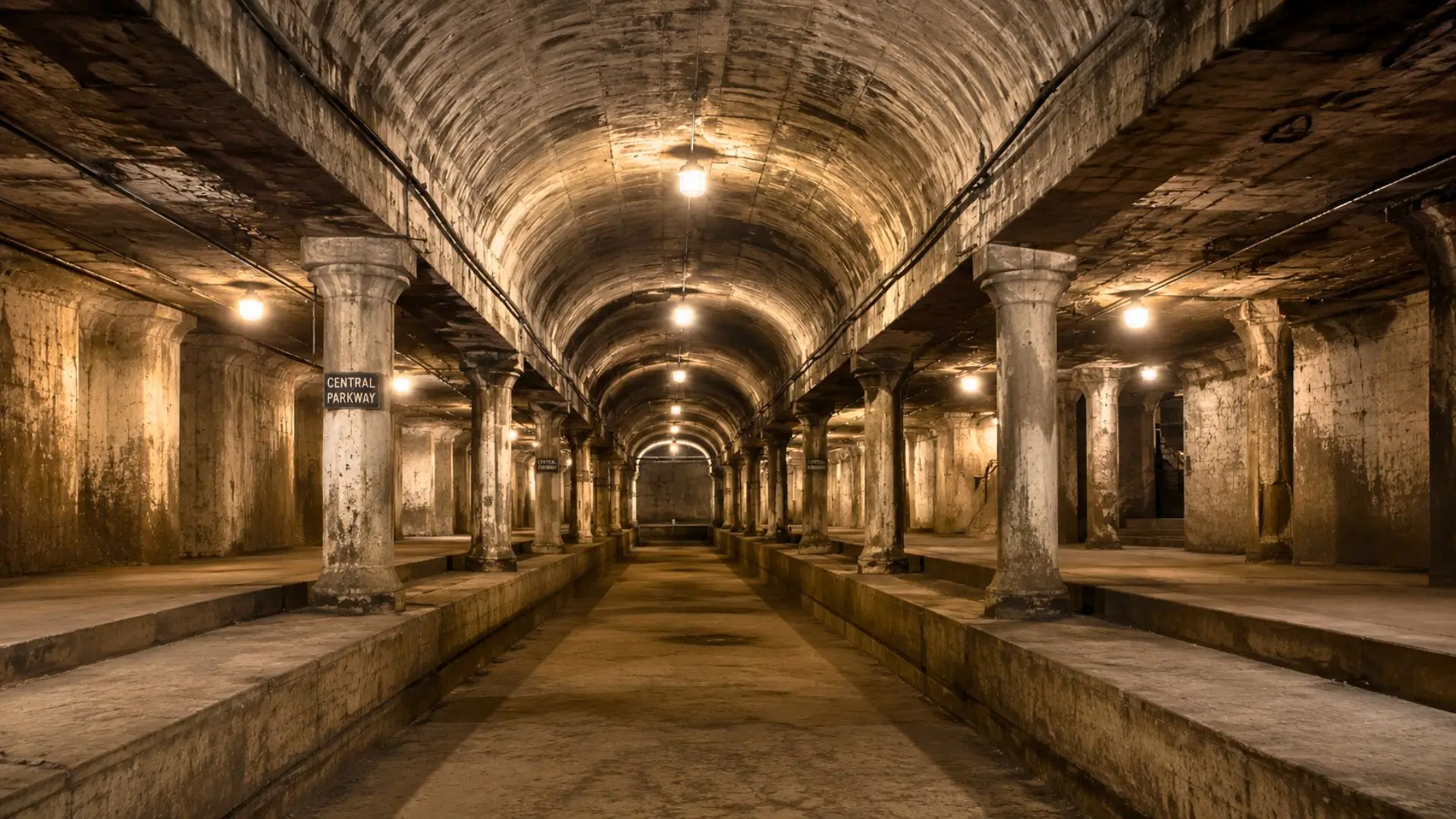 Ancienne station souterraine vide avec quais en béton et tunnel voûté éclairé.
