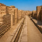 Une rue antique de Mohenjo-daro bordée de murs en briques, avec un ancien système d’égouts visible au centre.