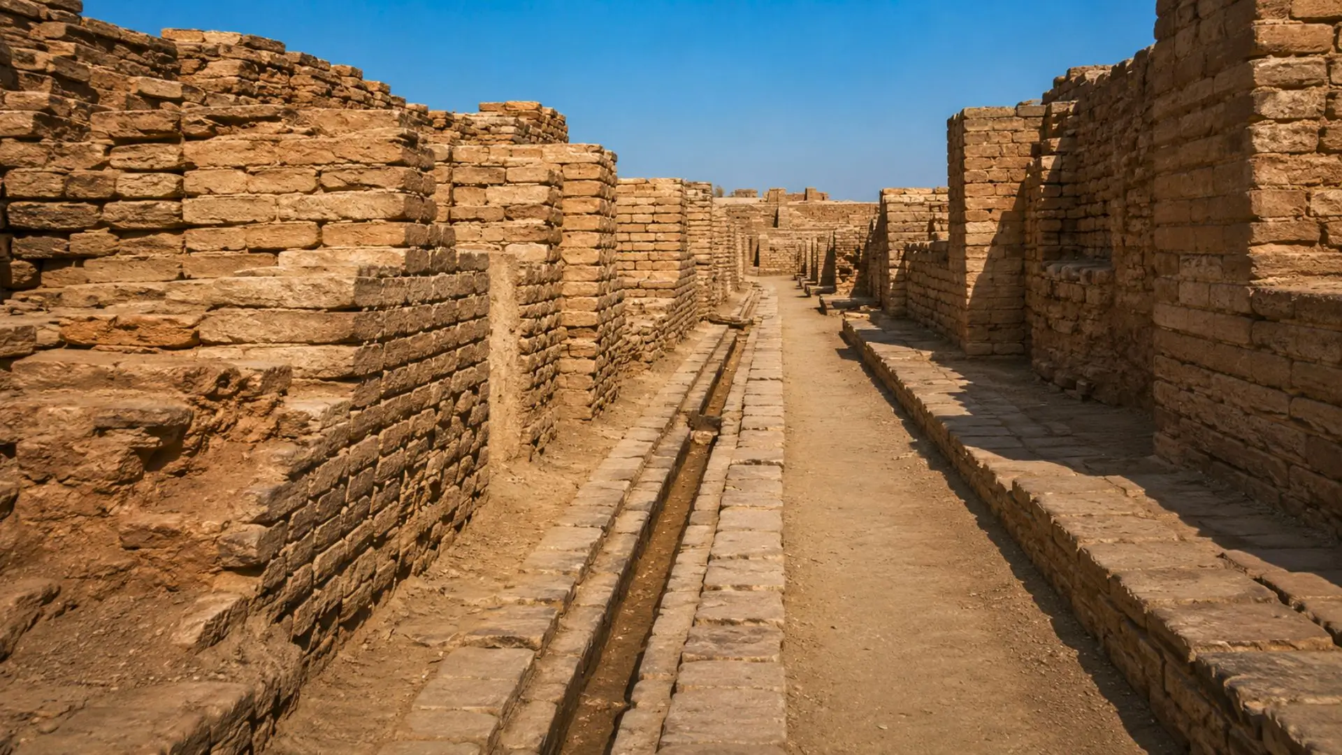 Une rue antique de Mohenjo-daro bordée de murs en briques, avec un ancien système d’égouts visible au centre.