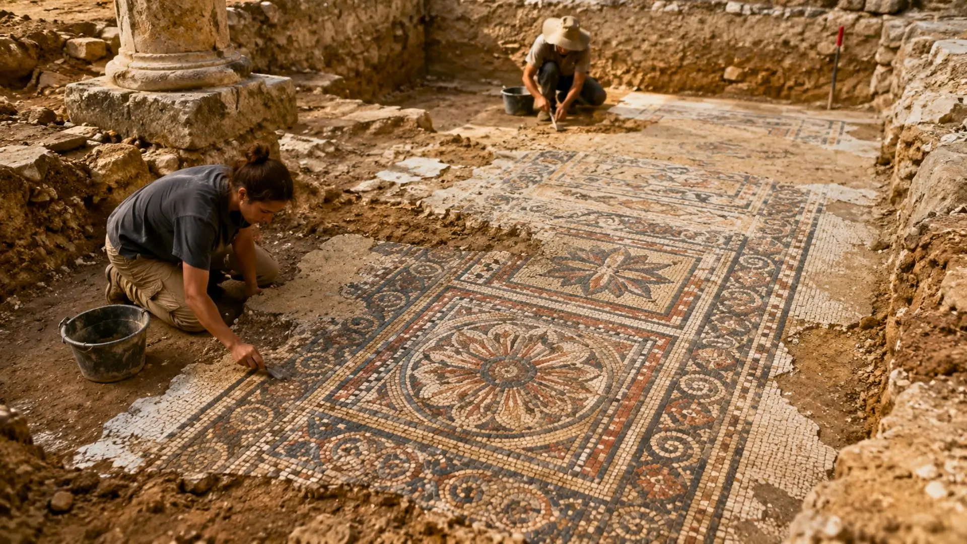Mosaïque romaine polychrome dégagée dans une tranchée archéologique en terre.