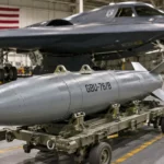 Munition lourde non marquée sur chariot dans un hangar militaire neutre.