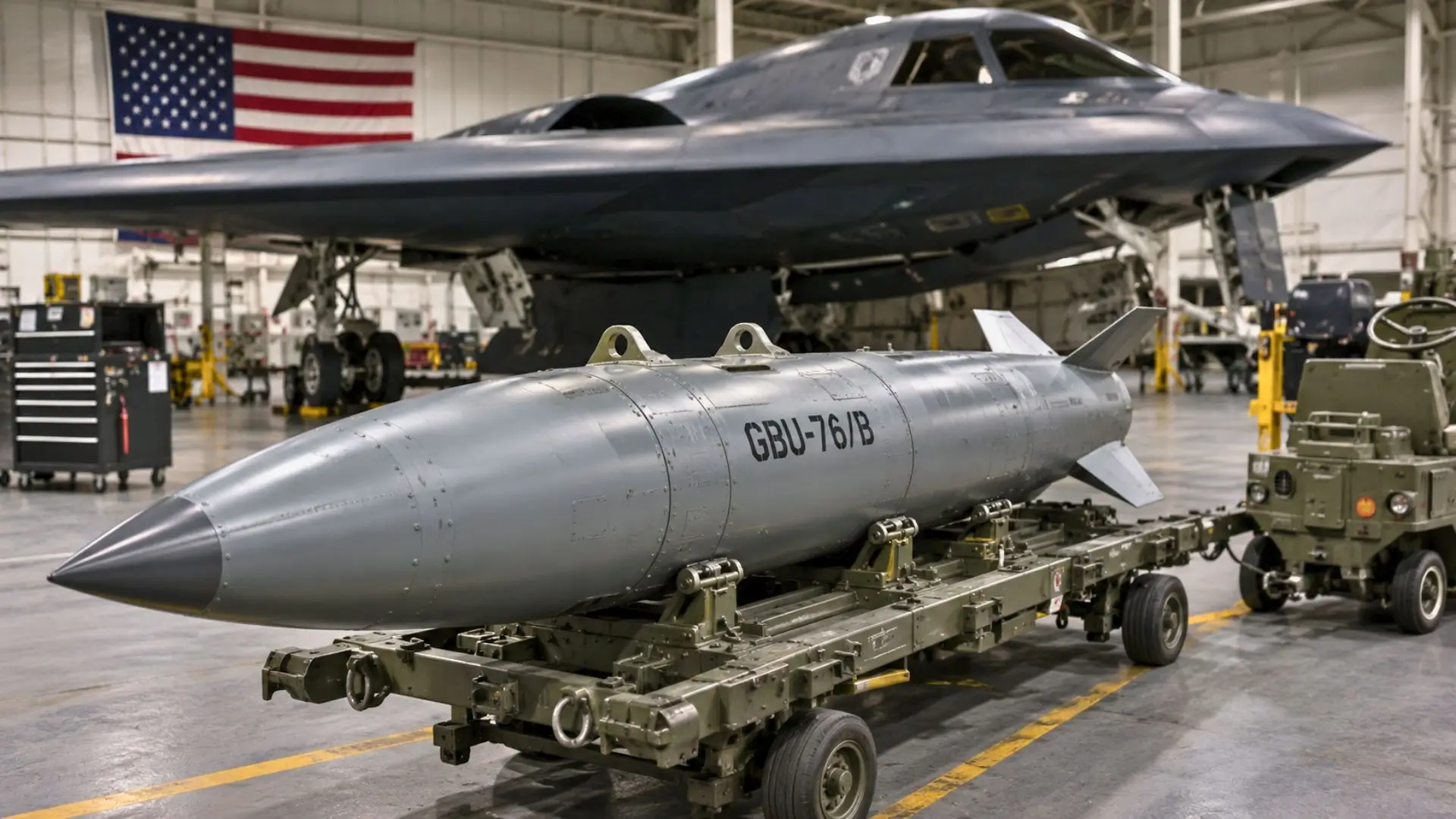 Munition lourde non marquée sur chariot dans un hangar militaire neutre.