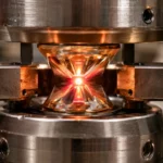 Une enclume de diamant comprime un minuscule échantillon incandescent dans un laboratoire de géophysique.