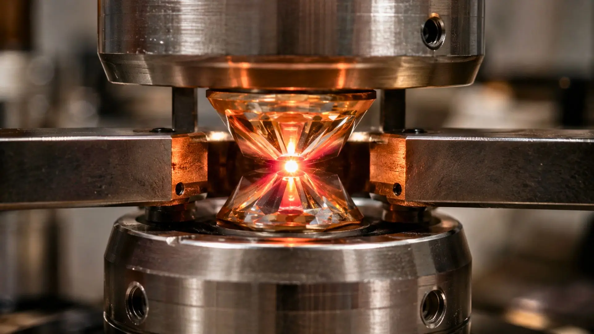 Une enclume de diamant comprime un minuscule échantillon incandescent dans un laboratoire de géophysique.