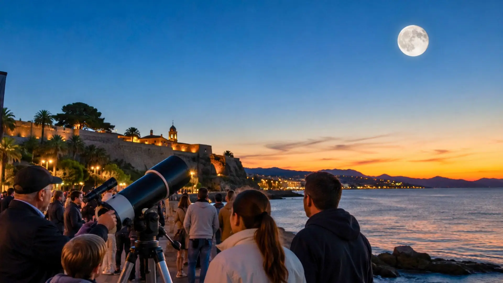 Public observant la Lune au télescope sur une promenade côtière au crépuscule.