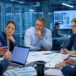 Des chercheurs et dirigeants discutent autour d’une table dans un laboratoire d’intelligence artificielle, avec des serveurs en arrière-plan.