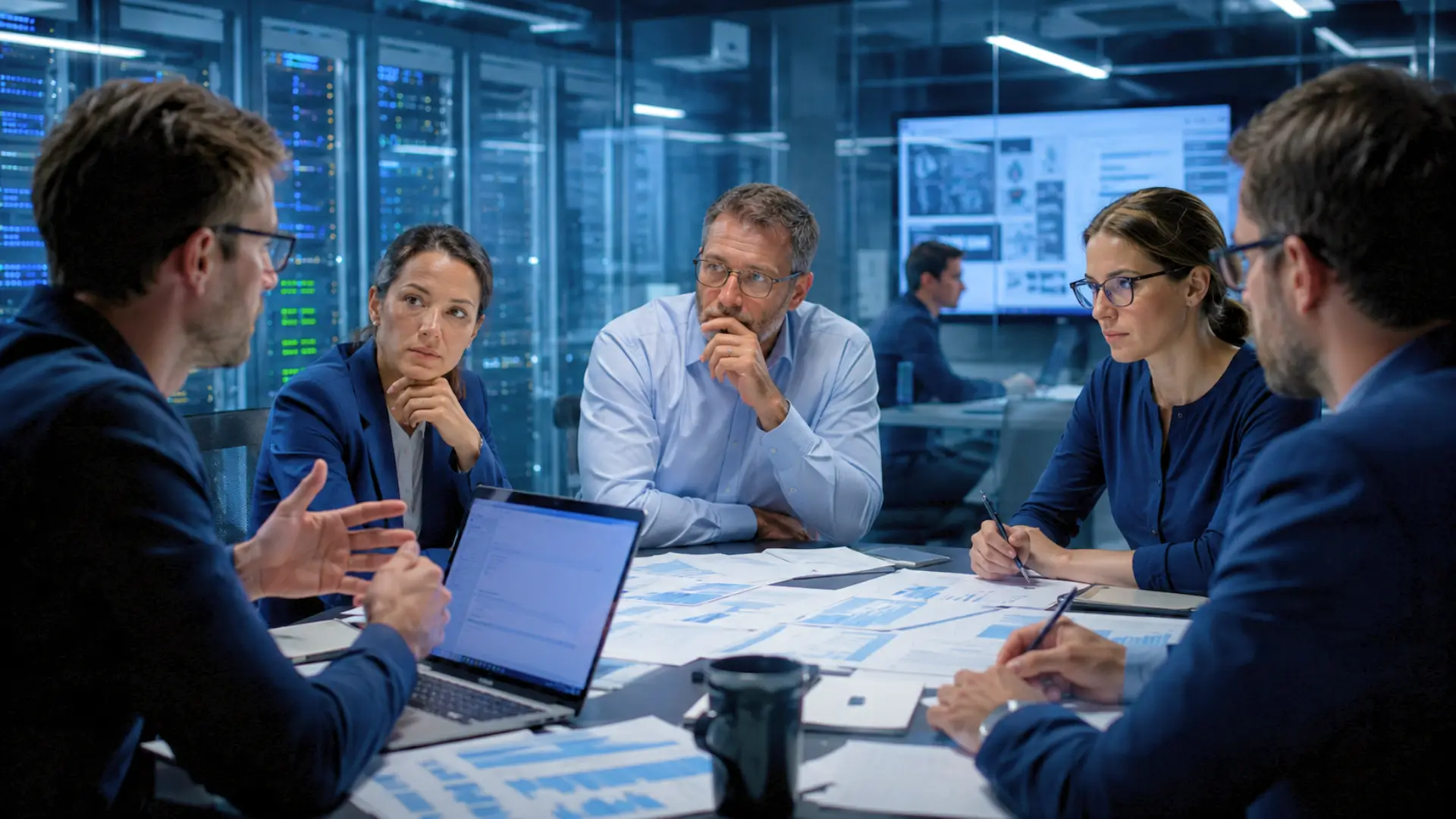 Des chercheurs et dirigeants discutent autour d’une table dans un laboratoire d’intelligence artificielle, avec des serveurs en arrière-plan.