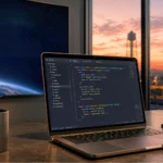 Ordinateur portable neutre sur bureau avec serveurs floutés en arrière-plan.