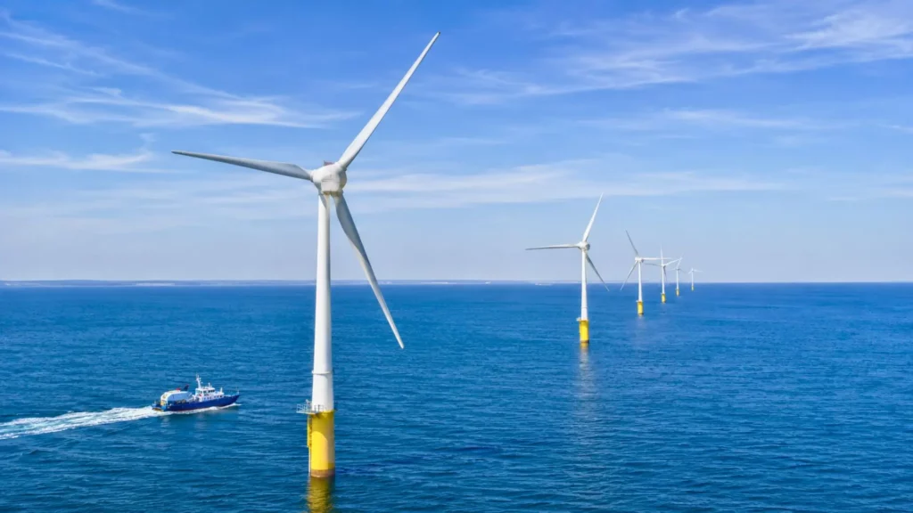 Parc éolien en mer avec turbines alignées au large d’une côte française.
