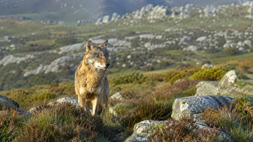 Un loup sauvage se tient sur une lande rocheuse des monts d’Arrée en Bretagne, dans une lumière naturelle, au cœur d’un paysage rural brumeux.
