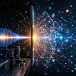 Un paquet d’ondes lumineuses est brutalement interrompu par un obturateur optique, provoquant une explosion de particules et de filaments lumineux dans le vide quantique.