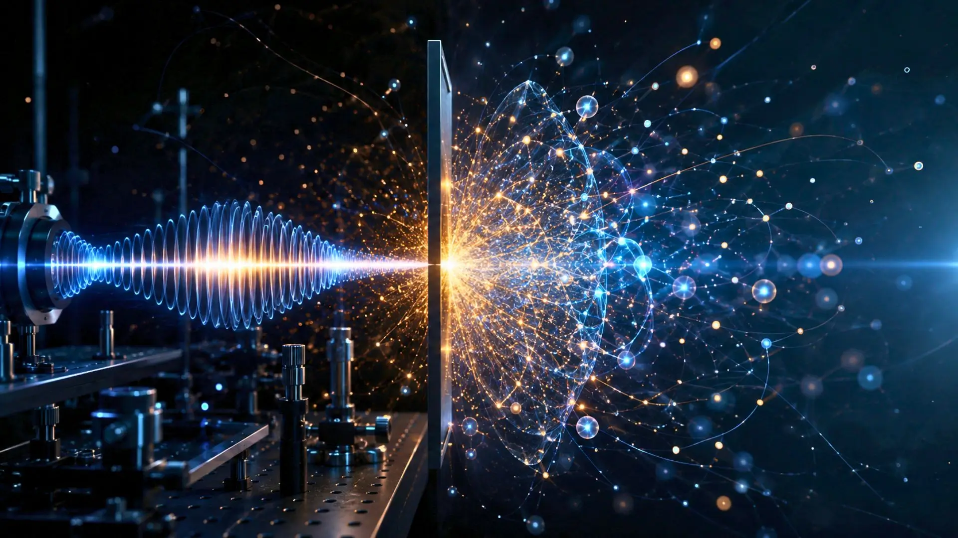Un paquet d’ondes lumineuses est brutalement interrompu par un obturateur optique, provoquant une explosion de particules et de filaments lumineux dans le vide quantique.