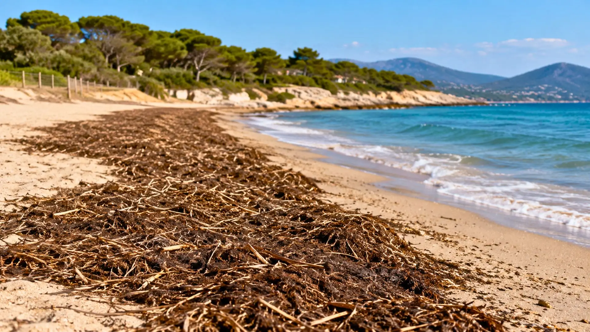 Dépôts bruns de posidonie sur une plage méditerranéenne face à la mer.