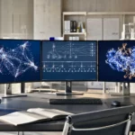 Poste de recherche en intelligence artificielle avec écrans affichant des schémas de réseaux neuronaux et une structure moléculaire dans un laboratoire moderne.
