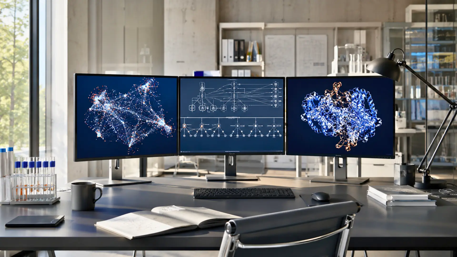 Poste de recherche en intelligence artificielle avec écrans affichant des schémas de réseaux neuronaux et une structure moléculaire dans un laboratoire moderne.