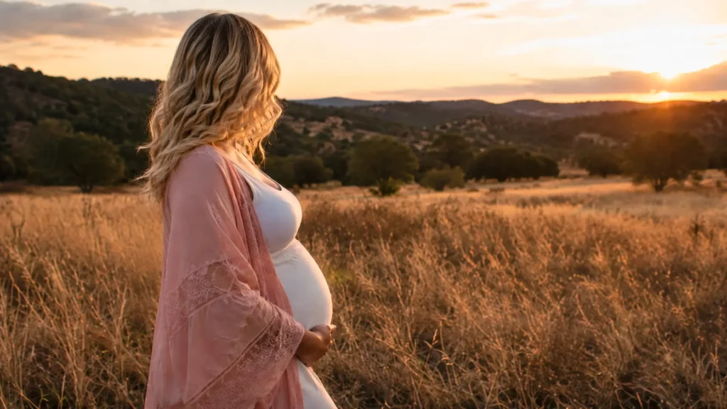 Femme enceinte blonde vue de profil arrière dans un champ au coucher du soleil, portant une tenue blanche et un kimono rose.