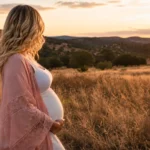 Femme enceinte blonde vue de profil arrière dans un champ au coucher du soleil, portant une tenue blanche et un kimono rose.