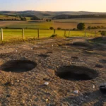 Site archéologique dans la campagne du Wiltshire montrant deux grands trous de poteaux découverts près de Stonehenge au coucher du soleil.