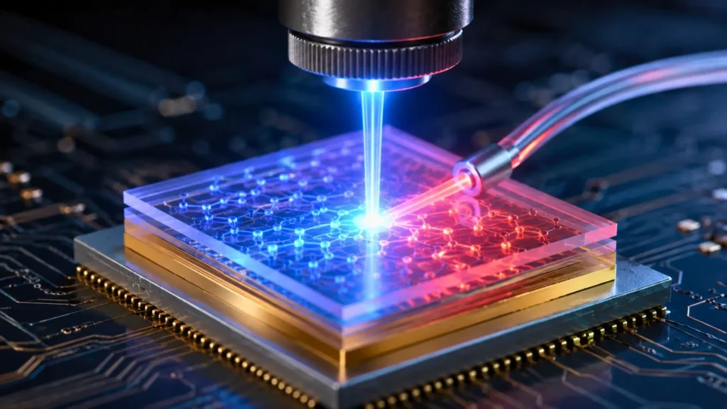 Puce électronique expérimentale éclairée par fibre optique sur circuit imprimé sombre.
