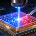 Puce électronique expérimentale éclairée par fibre optique sur circuit imprimé sombre.