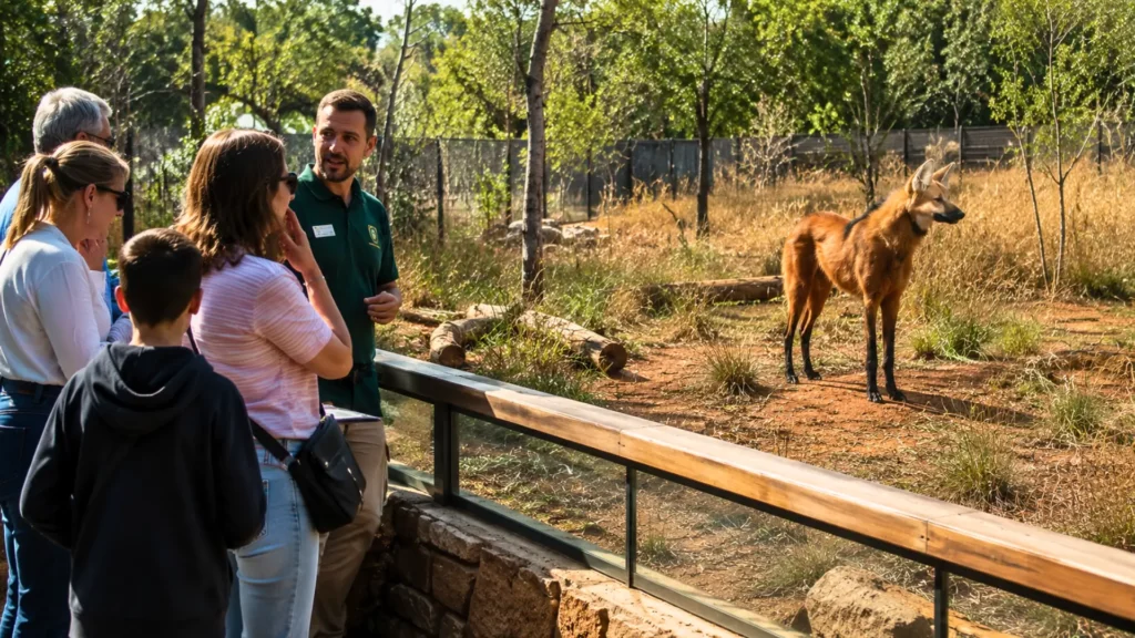 Un guide de zoo présente un loup à crinière à un groupe de visiteurs devant un enclos arboré et sécurisé.