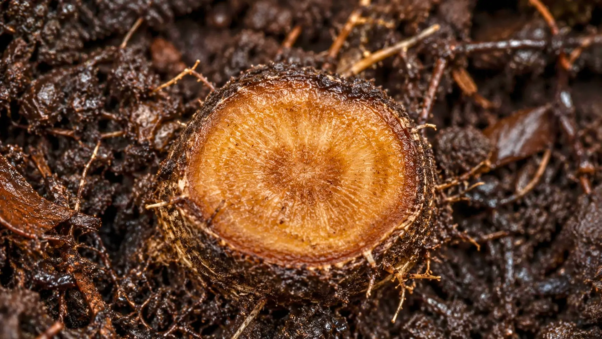 Coupe de racine d’arbre observée dans un sol forestier avec capteurs.