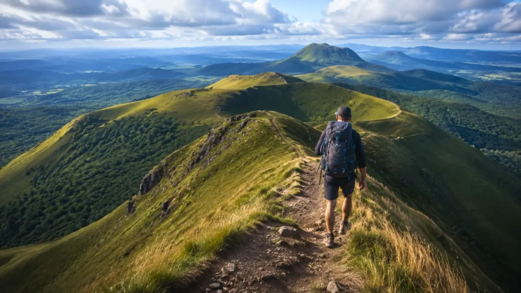 Un randonneur avance seul sur un sentier de crête au milieu des volcans verdoyants d’Auvergne.