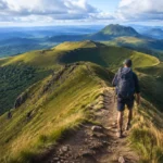 Un randonneur avance seul sur un sentier de crête au milieu des volcans verdoyants d’Auvergne.