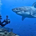 Grand requin blanc nageant près d’une épave dans les eaux méditerranéennes.