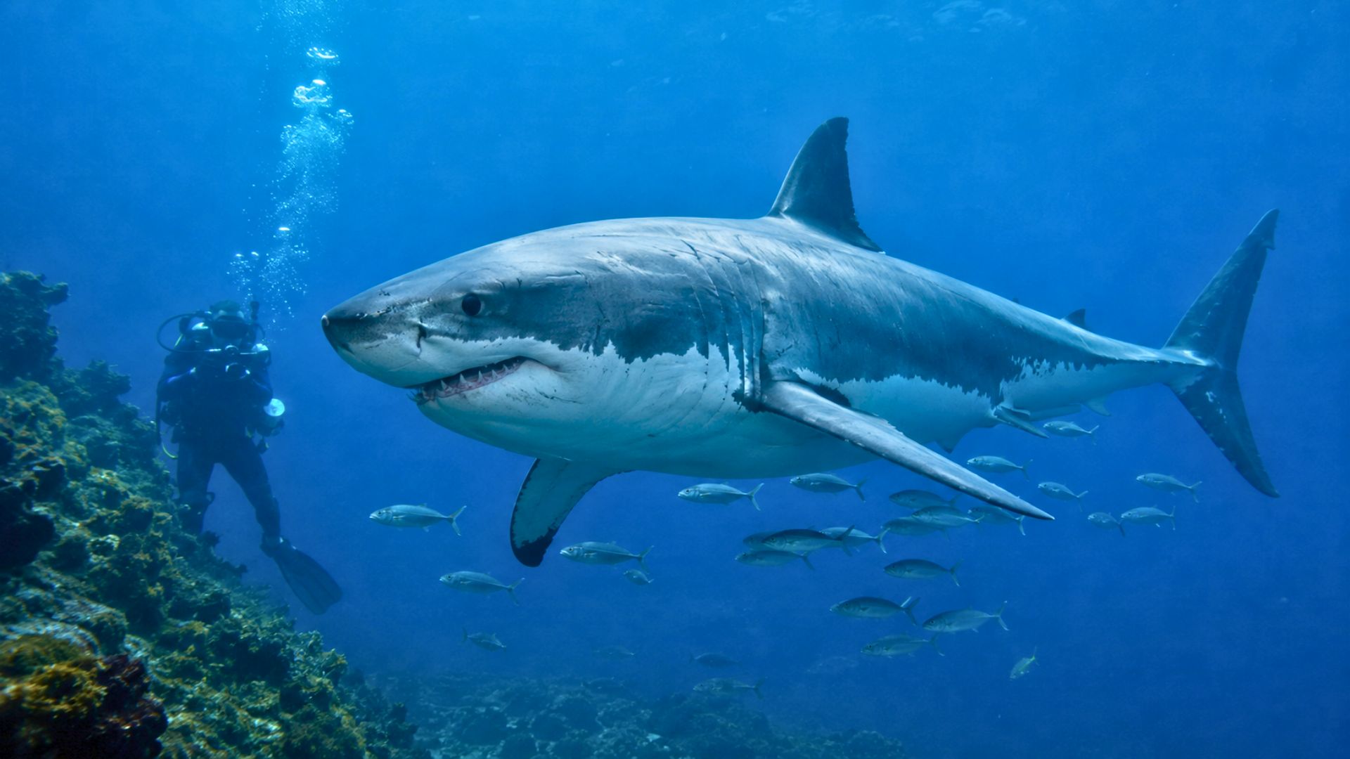 Grand requin blanc nageant calmement sous l’eau avec des poissons pilotes.