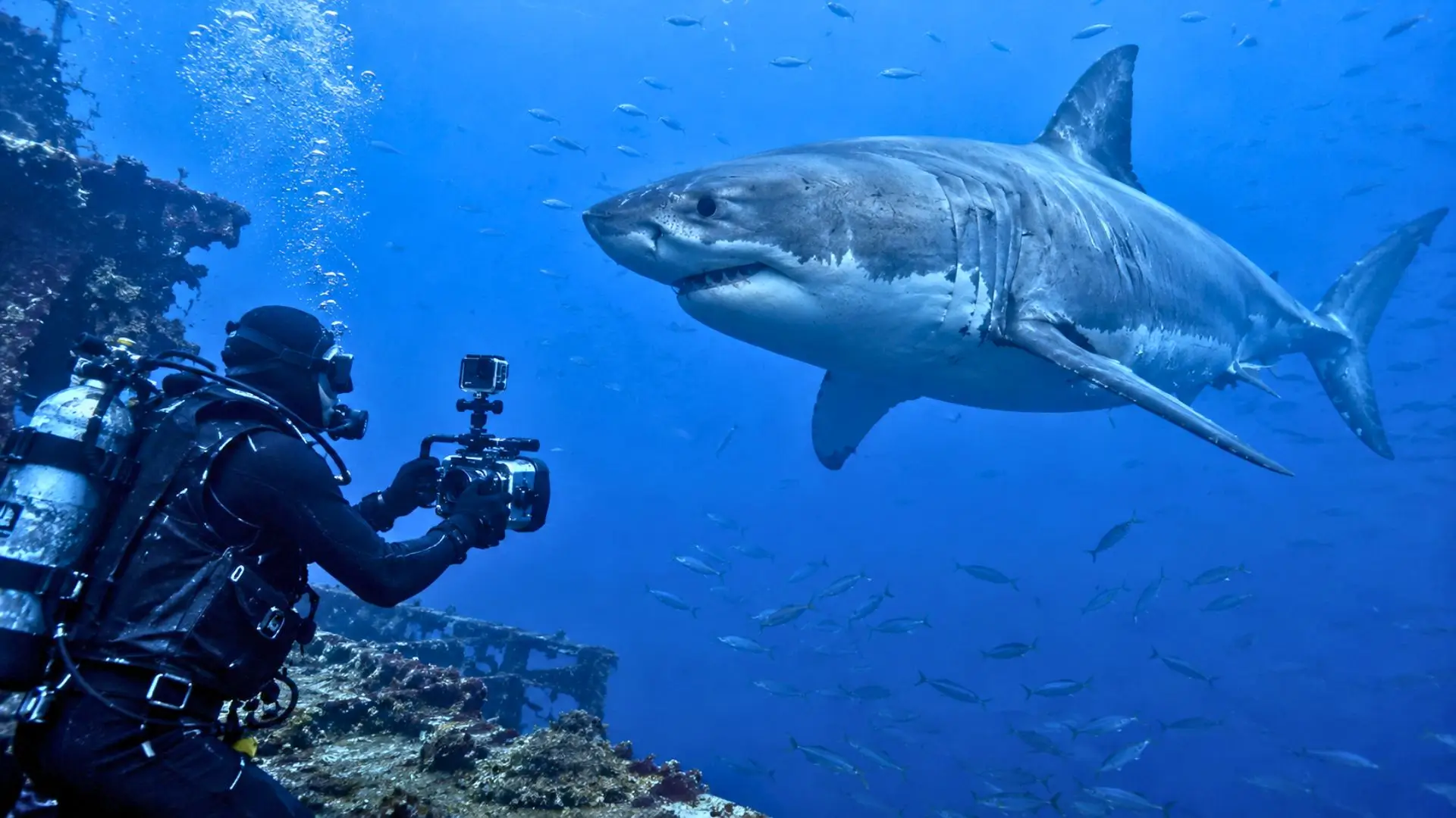 Grand requin blanc nageant près d’une épave dans les eaux méditerranéennes.