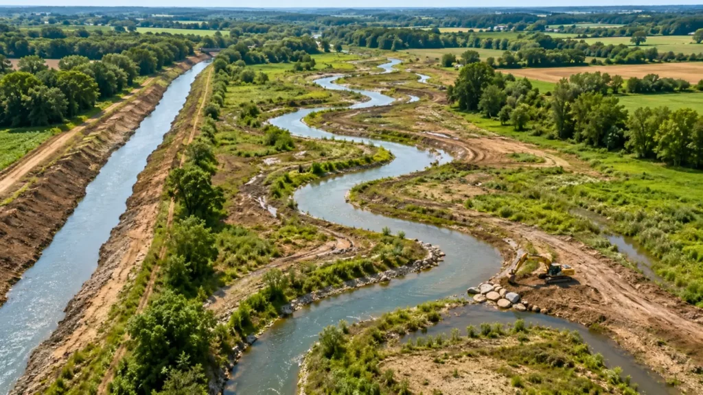 Rivière restaurée en méandres au milieu de champs et zones humides.