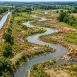 Rivière restaurée en méandres au milieu de champs et zones humides.