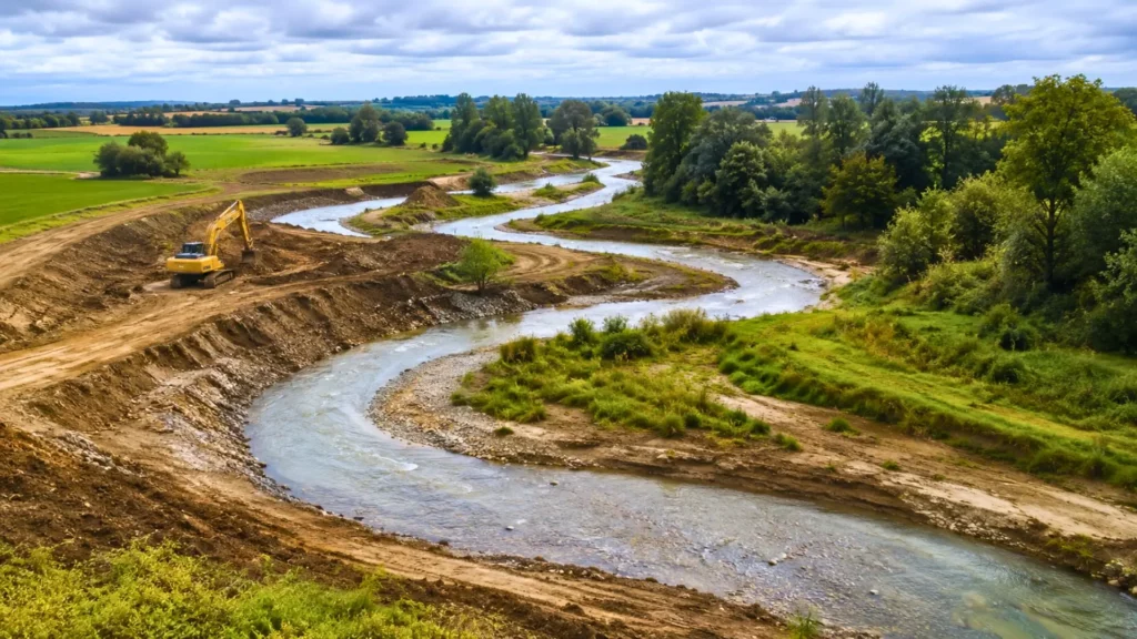 Rivière restaurée en méandres au milieu de champs et berges en chantier.