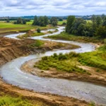 Rivière restaurée en méandres au milieu de champs et berges en chantier.