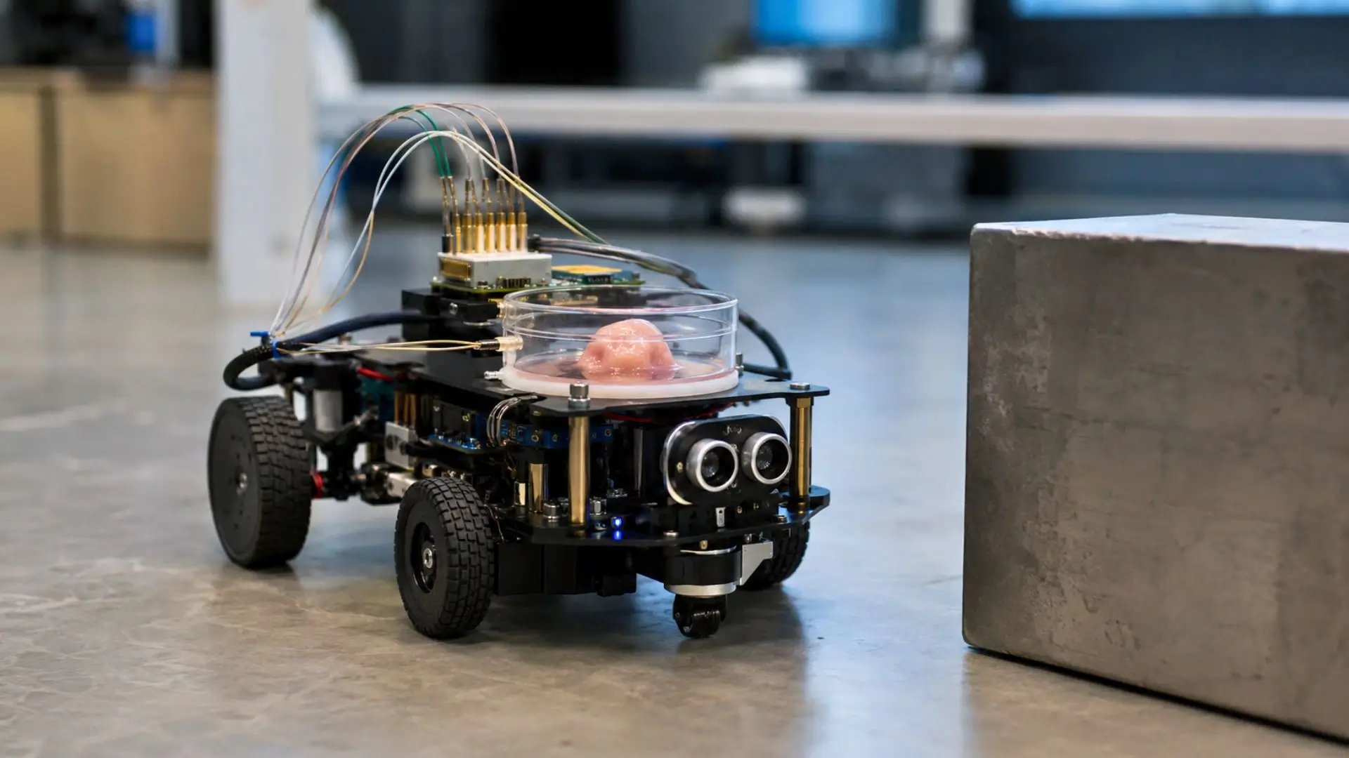 Un petit robot de laboratoire équipé d’un organoïde cérébral humain dans une boîte transparente s’approche d’un obstacle.