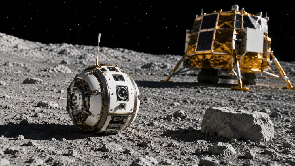 Petit robot sphérique autonome sur le sol lunaire près d’un atterrisseur incliné.