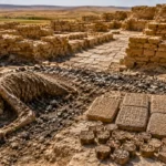 Vestiges mésopotamiens en briques crues avec cendres, poteries et tablettes d’argile.