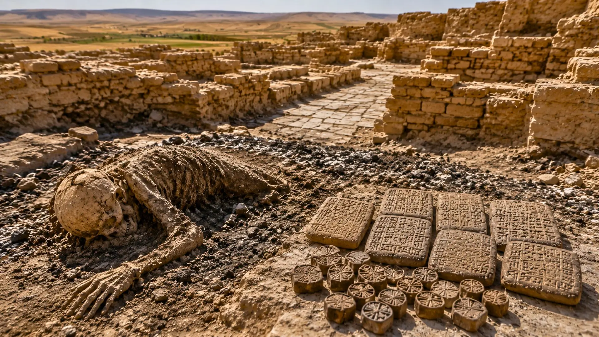 Vestiges mésopotamiens en briques crues avec cendres, poteries et tablettes d’argile.